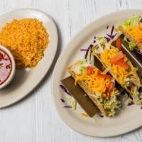 Tacos Mexicanos (3) · Soft or crispy tacos filled with shredded chicken or ground beef with lettuce, tomatoes, and...