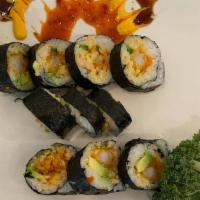 Mexican Roll · Tempura shrimp, avocado and spicy mayo top with masago