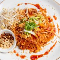 Pad Thai · Stir-fried thin rice noodles with choice of meat, egg, green onions, bean sprouts, and crush...