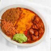 Texas Plate · Beef and gravy, 2  enchiladas, yellow cheddar cheese, rice, beans, and avocado.