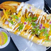 Chili Dog · Beef chili, cheddar cheese sauce,  diced jalapeños and onions, sour cream
