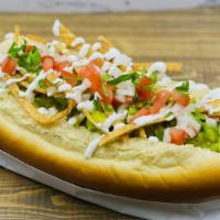 Guacamole Dog · Guacamole, pico de gallo, tortilla strips, sour cream