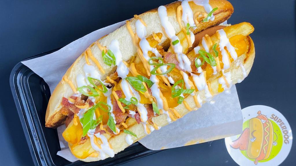 Loaded Dog · Loaded with French fries, cheddar cheese, bacon bits, sour cream and scallions