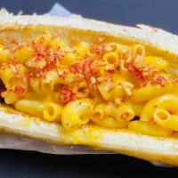 M&C Dog · Mac and cheese, hot Cheeto crumble.