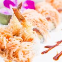 Angry Dragon · Spicy tuna, shrimp tempura inside: topped with spicy crab in spicy ruta sauce.