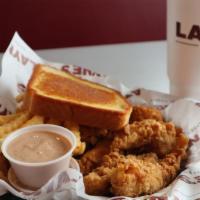 The 3 Finger Meal · Three chicken fingers Texas toast, crinkle cut fries, one sauce, 20 ounce drink.