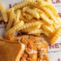 The Sandwich Meal Combo · Three chicken fingers on Texas toast with Layne's sauce, crinkle cut fries, 20 ounce drink.