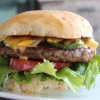 The Sweet & Heat Burger · 7 oz. hamburger with mayo, american cheese, lettuce, tomato, sautéed jalapeño and onion, on ...