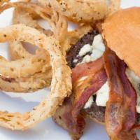 The Blue Cheese Burger · 7 oz. hamburger with mayo, lettuce, tomato, blue cheese crumbles, and bacon
