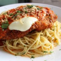 Chicken Parmesan · panko chicken breast topped with marinara and mozzarella served with garlic butter pasta