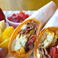 Breakfast Wrap · A build-your-own breakfast wrap. Made fresh and comes with a side of fruits. (Banana, strawb...