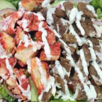 Mix Over Salad · Chicken and Gyro served over salad (Greek or Garden ) with sauces