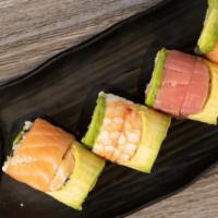 Rainbow Roll · California roll topped with tuna, salmon, shrimp, crab, avocado.
