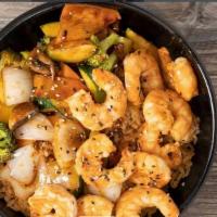 Hibachi Shrimp · Served with broccoli, onion, carrot, zucchini, mushrooms, and a choice of side.