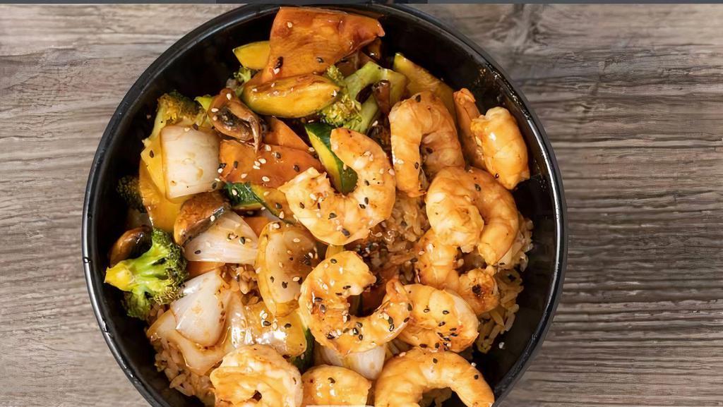 Hibachi Shrimp · Served with broccoli, onion, carrot, zucchini, mushrooms, and a choice of side.