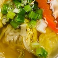 Wonton Soup (Small) · Thai-style ground pork & shrimp wontons with green onions, carrot, and napa in clear chicken...
