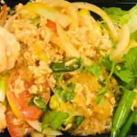 Clear Noodle Salad (Yum Woon Sen) · Clear bean thread noodles, ground chicken, shrimp, onions, tomato, green onions, cilantro an...