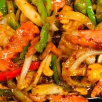Cashew Nuts · Your choice of meat stir-fried with bell peppers, onions, mushroom, carrots and cashew nuts.