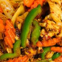 Pad Nam Prik Pow · Spicy. Your choice of meat stir-fried with onions, carrots, bell peppers and mushrooms with ...