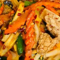Prik Khing · Spicy. Your choice of meat stir-fried with green beans, bell peppers & carrots stir-fried wi...