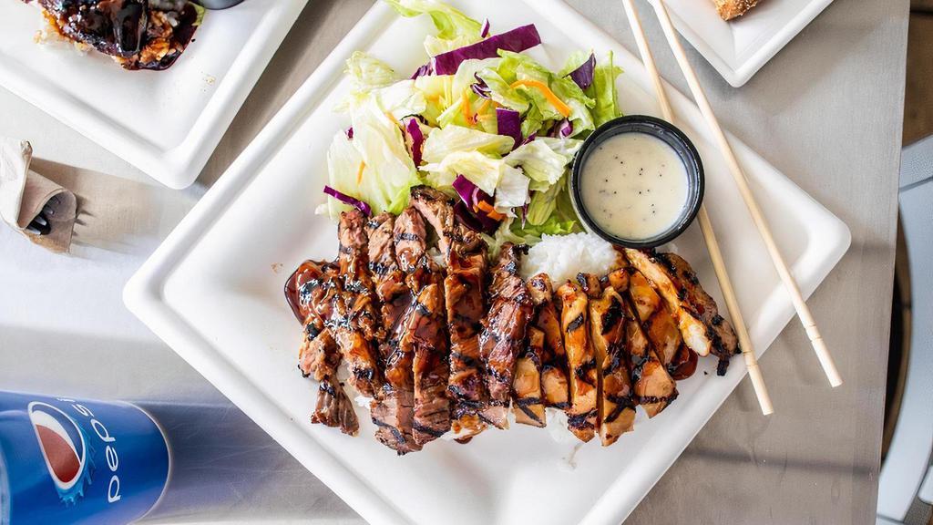 Combo Teriyaki Meal · Your choice of any two teriyaki proteins, grilled to perfection. Served with teriyaki sauce, rice, and a house salad.