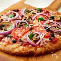 Veggie Supreme Pizza · Included: Marinara, Mozzarella, Parmesan, Mushrooms, Green Bell Pepper, Onion, Olives, Tomato.