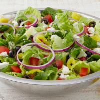 Greek Salad · Included: Romaine, Iceberg, Red Onions, Diced Tomatoes, Banana Pepper, Black Olives, Feta, G...