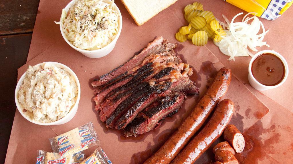 Family Meal #2 - Feeds 8-10 · Feeds eight. This larger meal includes two pounds sausage and two pounds brisket with your choice of two sides (quarts). Complimentary pickles, onions, bread, crackers and BBQ sauce included.