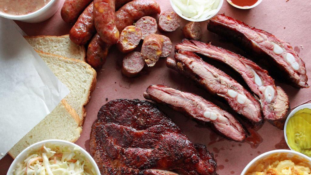 High On The Hog #1 - Feeds 4-6 · Feeds 4-6. This meal includes one pound of Jalapeño Cheddar Sausage, one pound of Pork Ribs (Approx. 4 ribs) and a pound and a half of Pork Steak with your choice of three sides (pints). Complimentary pickles, onions, bread, crackers and BBQ sauce included.