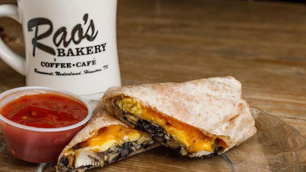 Black Bean Grilled Chicken Wrap · Black beans, eggs, grilled chicken and cheese all wrapped up in a wheat tortilla.