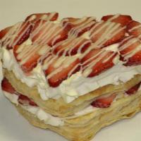 Napoleon Heart · Puff pastry filled w/ bavarian cream & strawberry slices