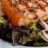 Salmon Spring Salad · Salmon fillet, spring salad greens, tomatoes, mushrooms, red onion with gorgonzola vinaigret...