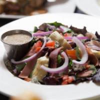 Sicilian Salad · Artichoke hearts, Kalamata olives, prosciutto, gorgonzola, red onion and tomato, with mixed ...