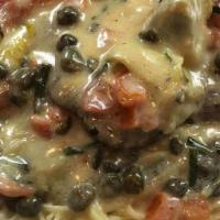 Picatta W/Chicken · Breaded chicken topped with artichoke hearts, diced tomatoes, chives, and capers with angel ...
