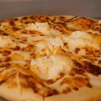 Three Cheese Pizza · Mozarella, parmesan, and ricotta cheeses melted over parmesan cream sauce.
