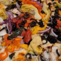 Veggie Pizza · Mushrooms, artichoke hearts, black olives, bell peppers, red onion with mozzarella cheese an...
