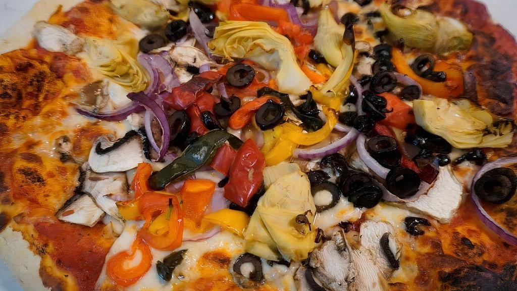 Veggie Pizza · Mushrooms, artichoke hearts, black olives, bell peppers, red onion with mozzarella cheese and pomodoro sauce.