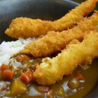 Curry Shrimp Katsu · Japanese breaded and fried shrimp over rice with curry sauce. Served with salad and miso soup.