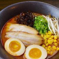 Spicy Miso Ramen · Spicy. Pork and chicken based broth with spicy miso, chashu, bean sprouts, black mushroom, c...