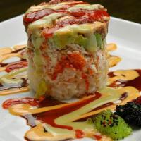 Ahi Tower · 4 layered tower made of spicy tuna, avocado, crab meat & sushi rice with 3 kind of caviar, 4...