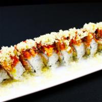 Forrest Gump Roll · Spicy tuna, crunch flakes with special sauce on top of crab meat and shrimp tempura.