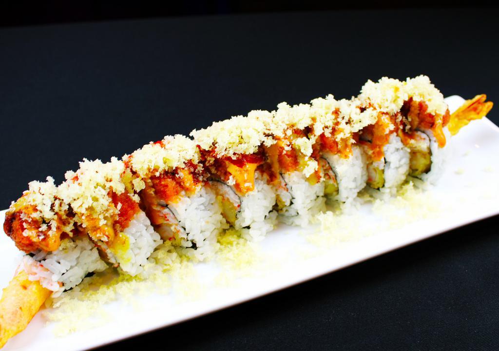 Forrest Gump Roll · Spicy tuna, crunch flakes with special sauce on top of crab meat and shrimp tempura.