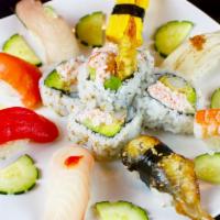 Sushi 8 Combo  · Chef’s choice of 8pcs sushi with your choice of a basic roll. Served with salad and miso soup