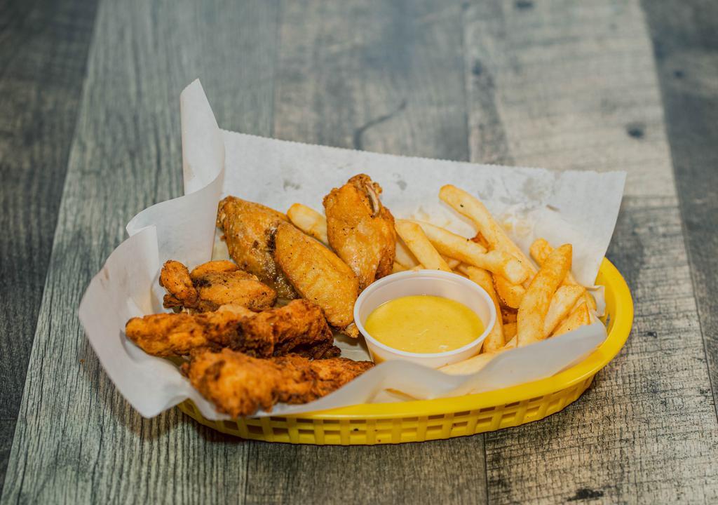 Wing & Tender Combo · 3 jumbo wings, 2 lg hand battered tenders served with choice of dipping sauce (Buffalo, barbeque, lemon pepper, Cajun, ranch or honey mustard)