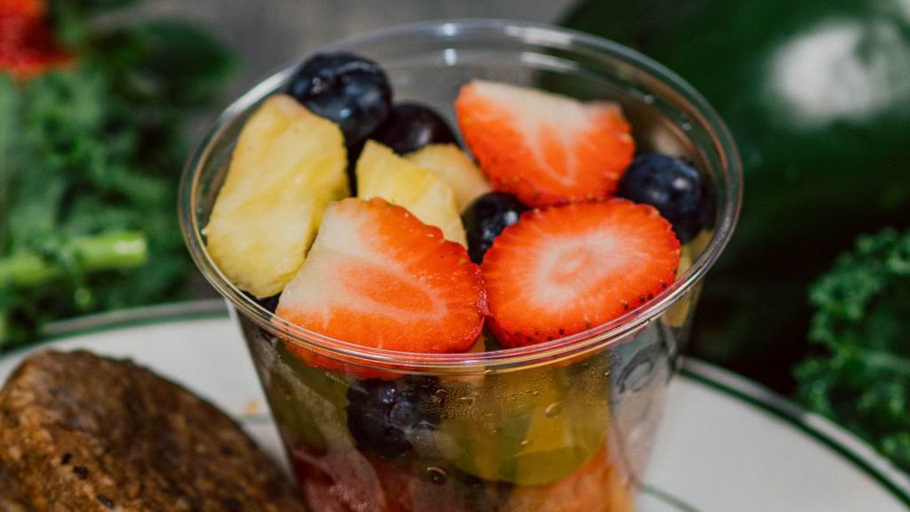 Fresh Fruit Cup (Small) · Small  cup with cut seasonal fruits ( strawberries, grapes, blueberries and pineapples.