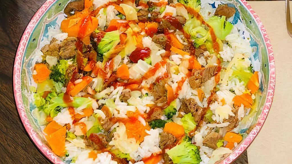 Beef Bowl · Teriyaki beef with steam (cabbage, carrots, and broccoli) and rice. Consuming raw or uncooked meats, poultry, seafood or egg may increase your risk of food borne illness.