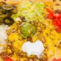 Plus Nachos · Ground beef or shredded chicken with cheese, beans, guacamole, onion, diced tomatoes, jalape...