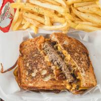 Patty Melt Combo · Seasoned beef patty with grilled onions and cheese on toasted rye or texas toast with drink.