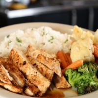 Grilled Chicken Plate · marinated grilled chicken-cilantro lime rice-mixed vegetables