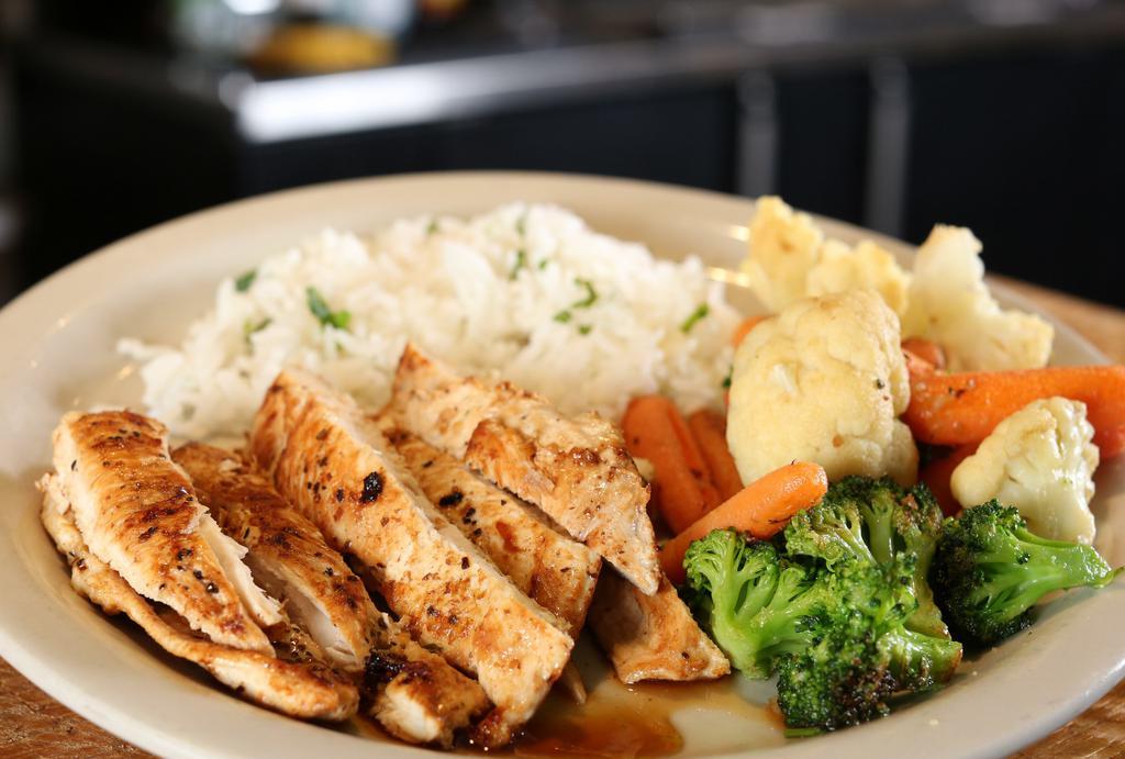 Grilled Chicken Plate · marinated grilled chicken-cilantro lime rice-mixed vegetables